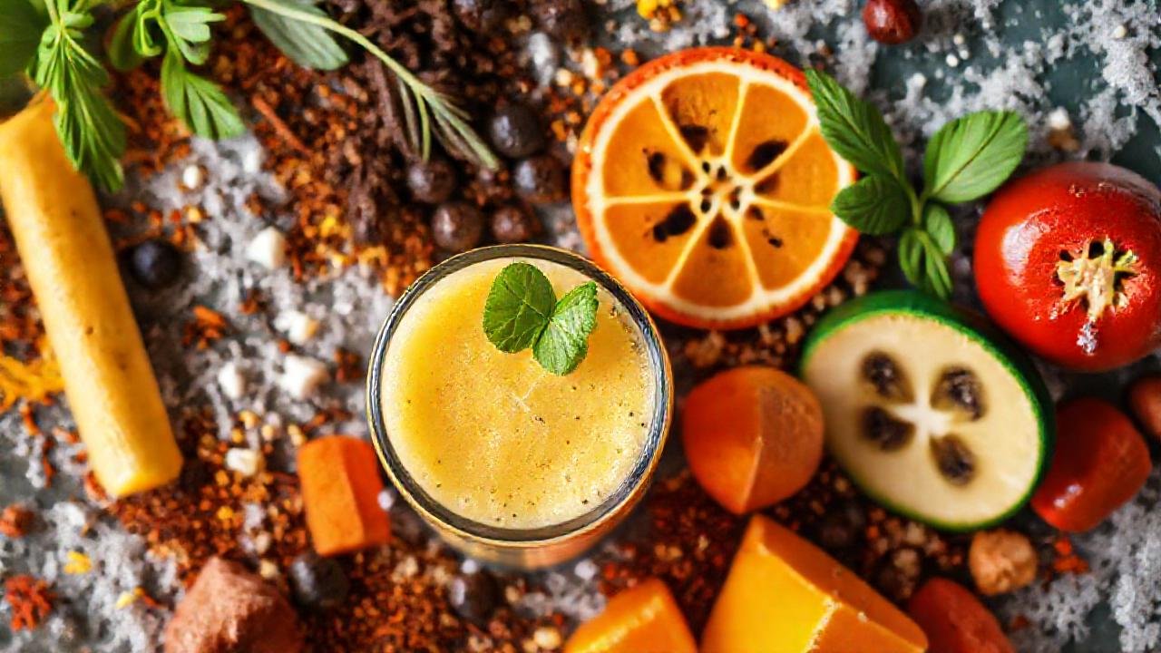 Frutas y especias crean un smoothie vibrante