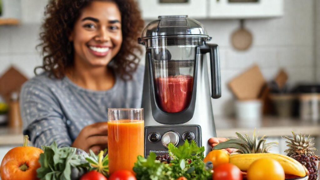 Una mujer prepara un batido colorido