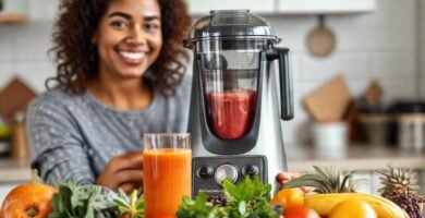 Una mujer prepara un batido colorido