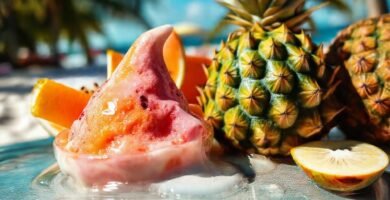 Frutas tropicales y helado en verano