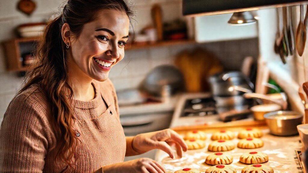 Una mujer sonríe horneando galletas en cocina