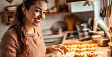 Una mujer sonríe horneando galletas en cocina