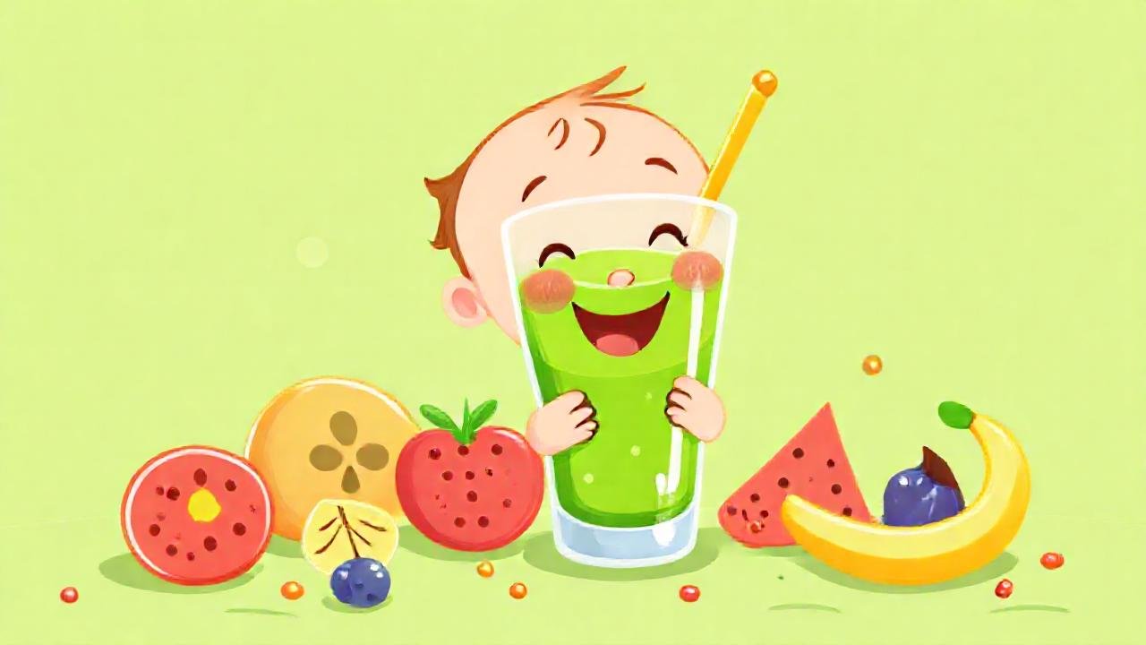Un niño feliz disfruta un batido verde