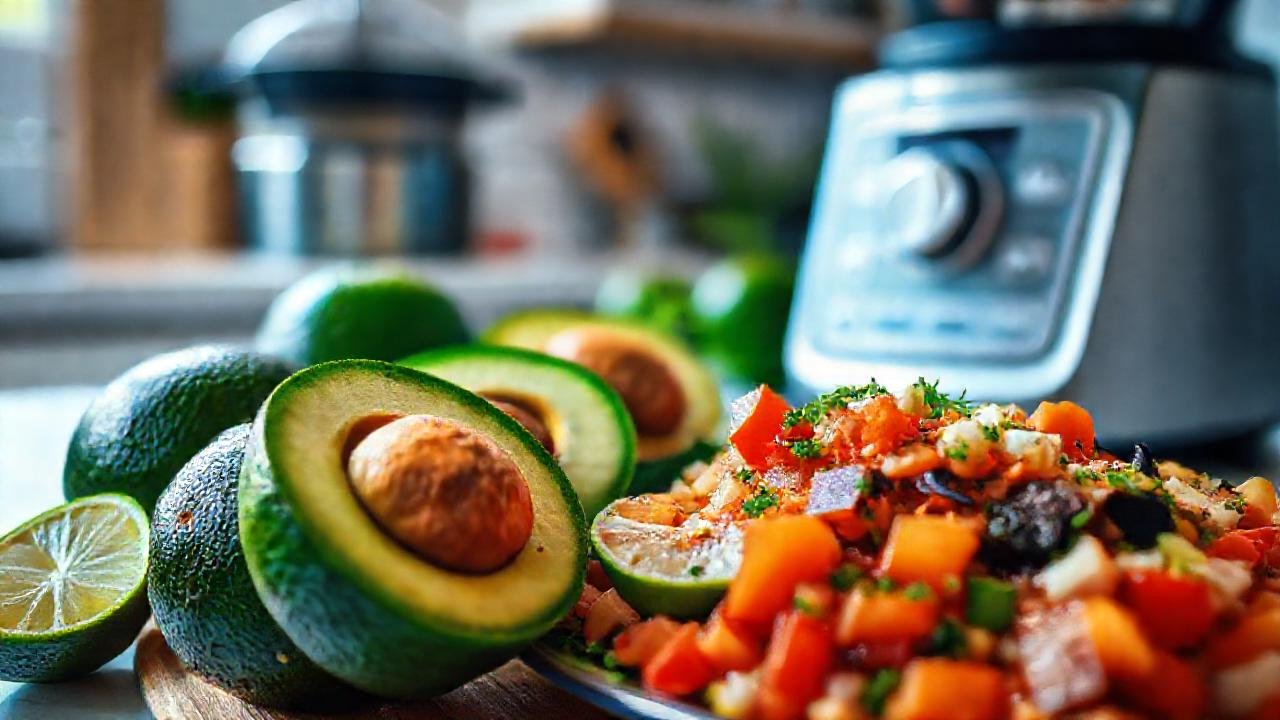 Avocado y mariscos brillan con luz cálida