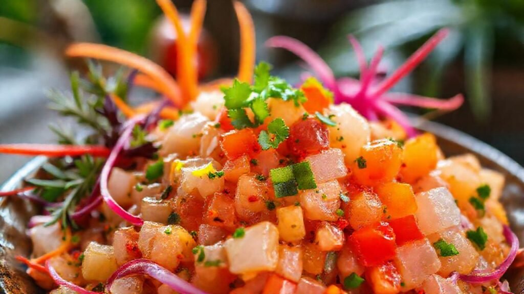 Ceviche vibrante y apetitoso en un ambiente tropical