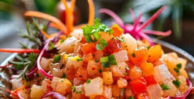 Ceviche vibrante y apetitoso en un ambiente tropical