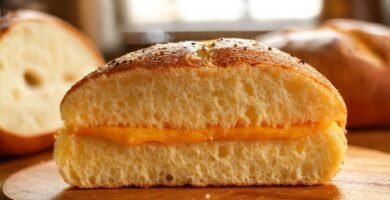 Pan artesanal con queso dorado y aireado