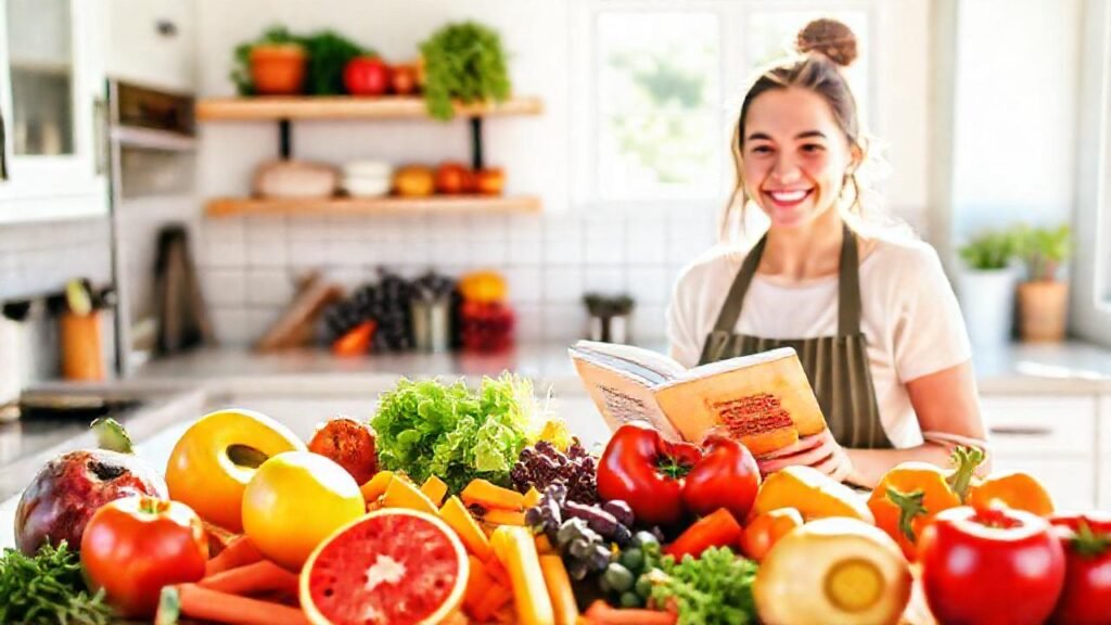 Recetas saludables y frutas vibrantes brillan