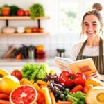 Recetas saludables y frutas vibrantes brillan