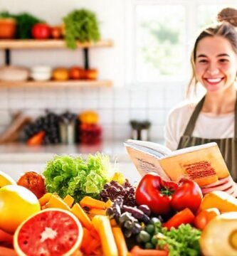 Recetas saludables y frutas vibrantes brillan