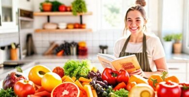 Recetas saludables y frutas vibrantes brillan
