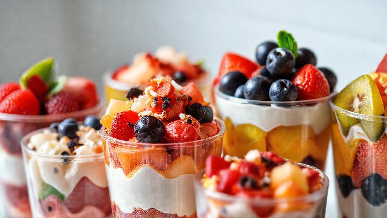 Parfaits coloridos y apetitosos, fotografía moderna