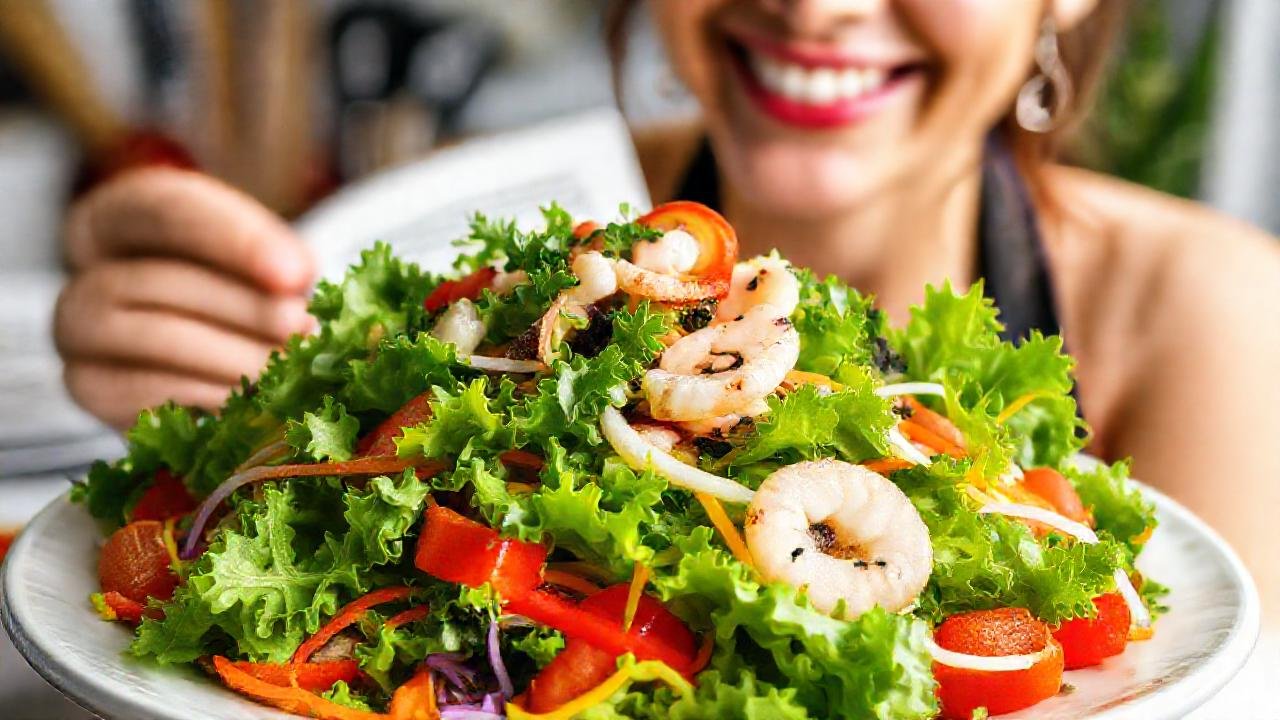 Una mujer cocina ensalada apetitosa y fresca
