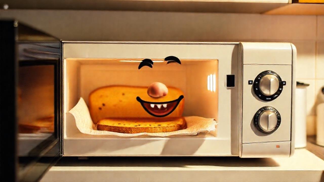 Microondas simple, sonrisa feliz, magia acogedora