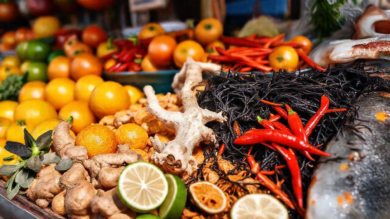 Frutos cítricos y comida asiática brillante