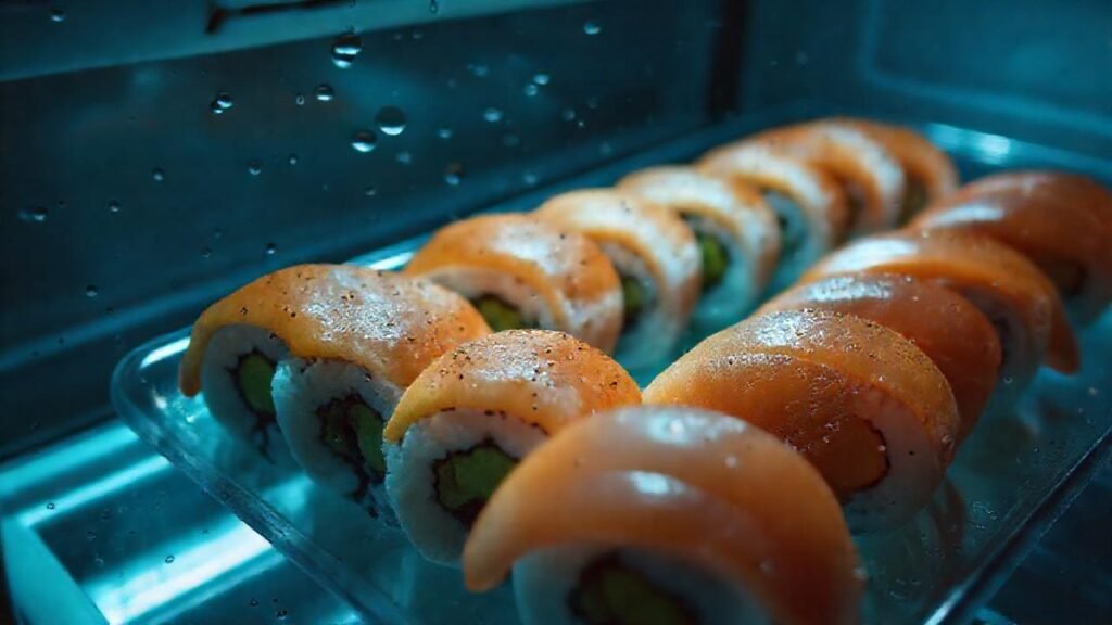 Sushi frío bajo luz tenue