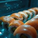 Sushi frío bajo luz tenue