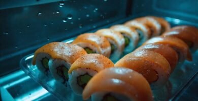 Sushi frío bajo luz tenue