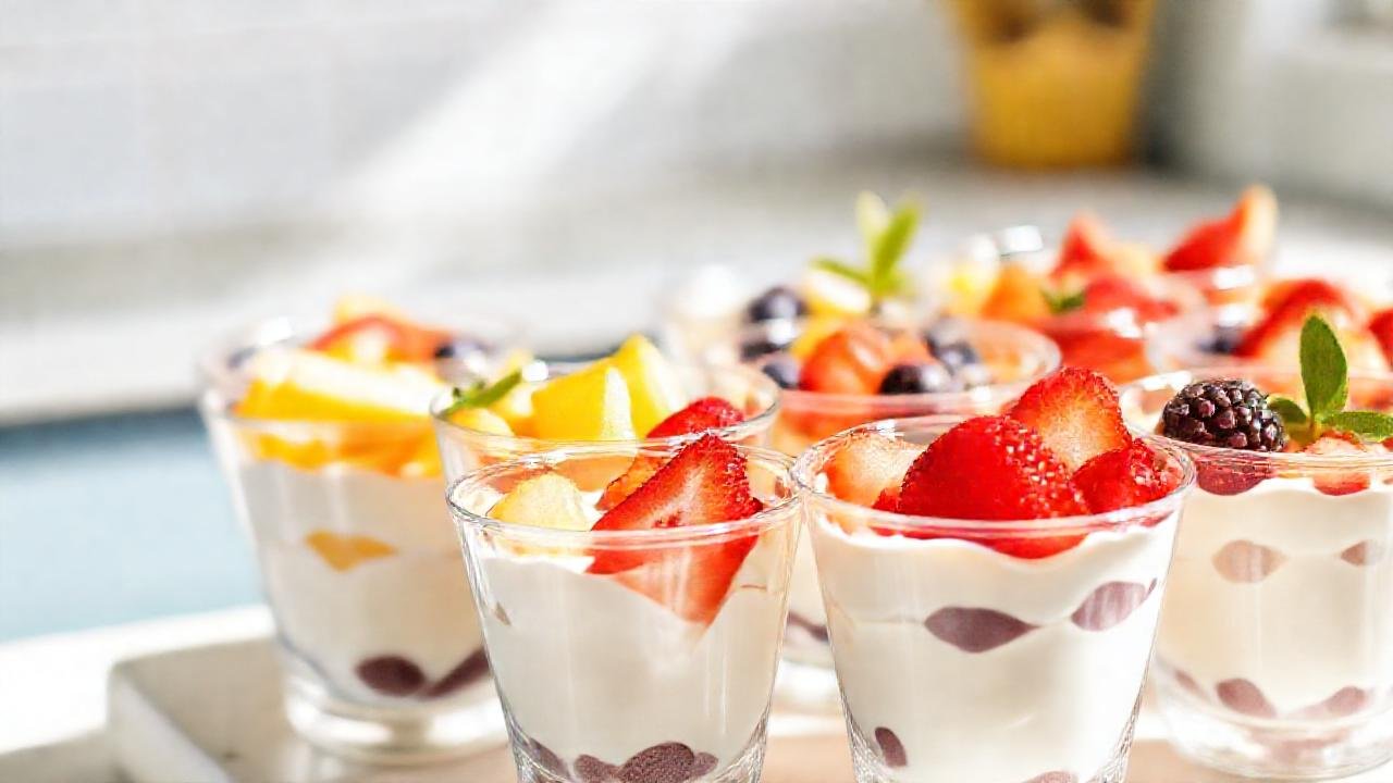 Yogures coloridos y frutas frescas son deliciosos