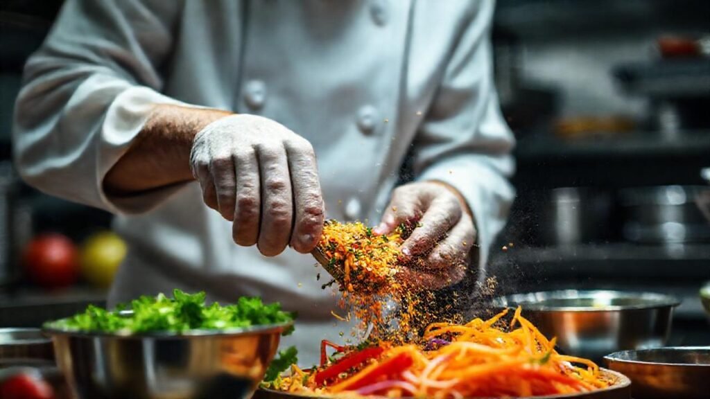 El chef crea una comida apetitosa