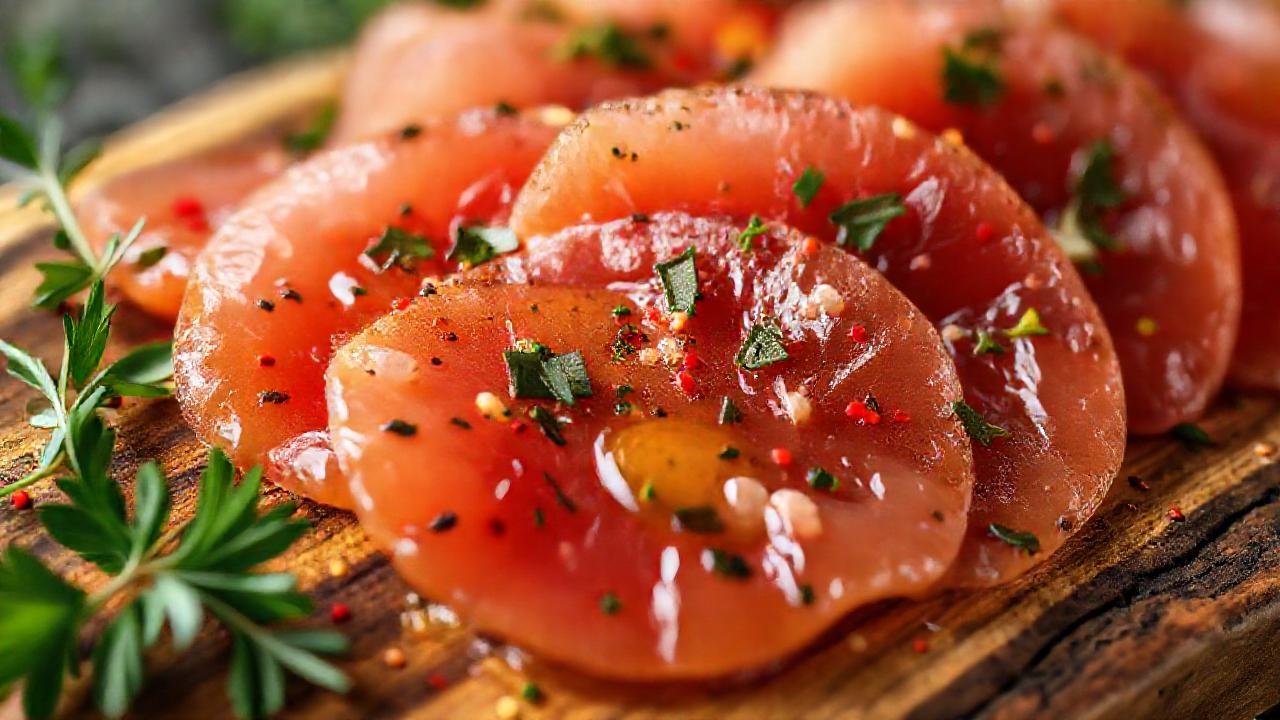 Carpaccio vibrante en madera iluminada