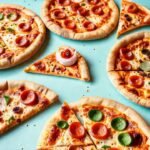 Una mesa moderna y colorida ofrece pizza deliciosa