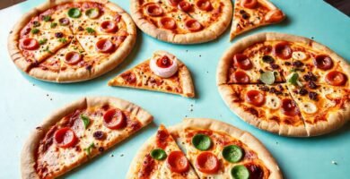 Una mesa moderna y colorida ofrece pizza deliciosa