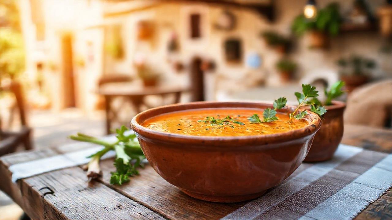 Gazpacho vibrante en pueblo español