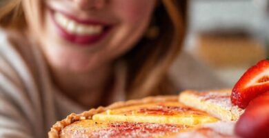 Una mujer sonríe con tarta caliente