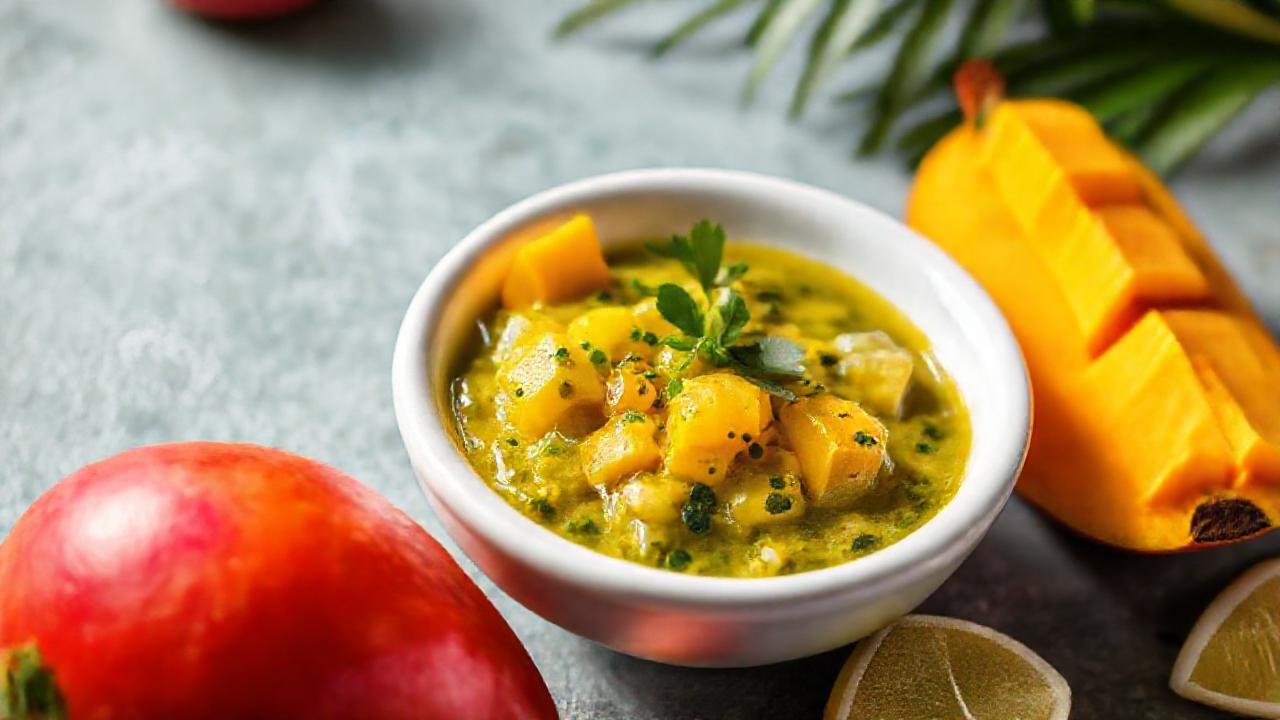 Mango fresco, salsa verde, diseño elegante