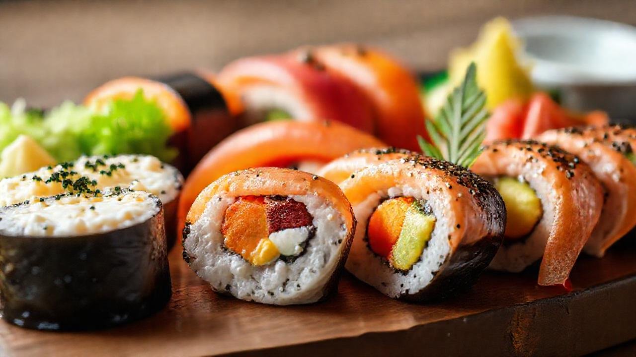Sushi elegante en iluminación brillante