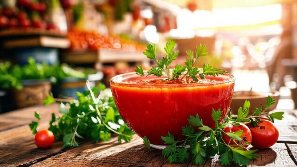 Un gazpacho rojo apetitoso resplandece en España