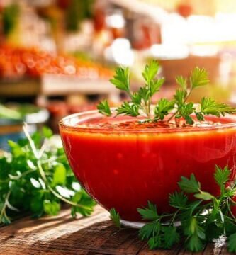 Un gazpacho rojo apetitoso resplandece en España