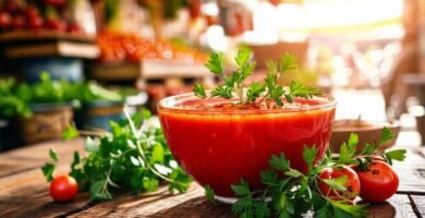 Un gazpacho rojo apetitoso resplandece en España
