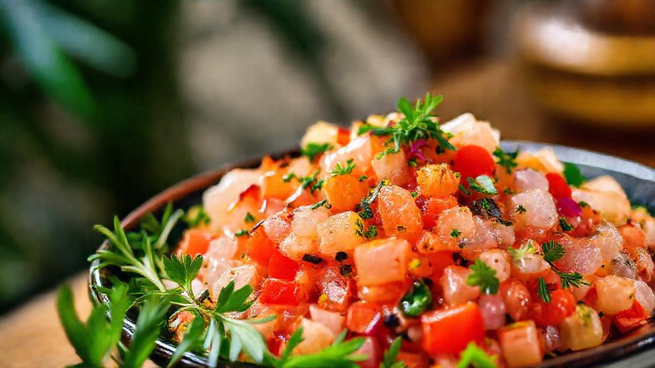Ceviche vibrante, fotografía apetitosa y tropical