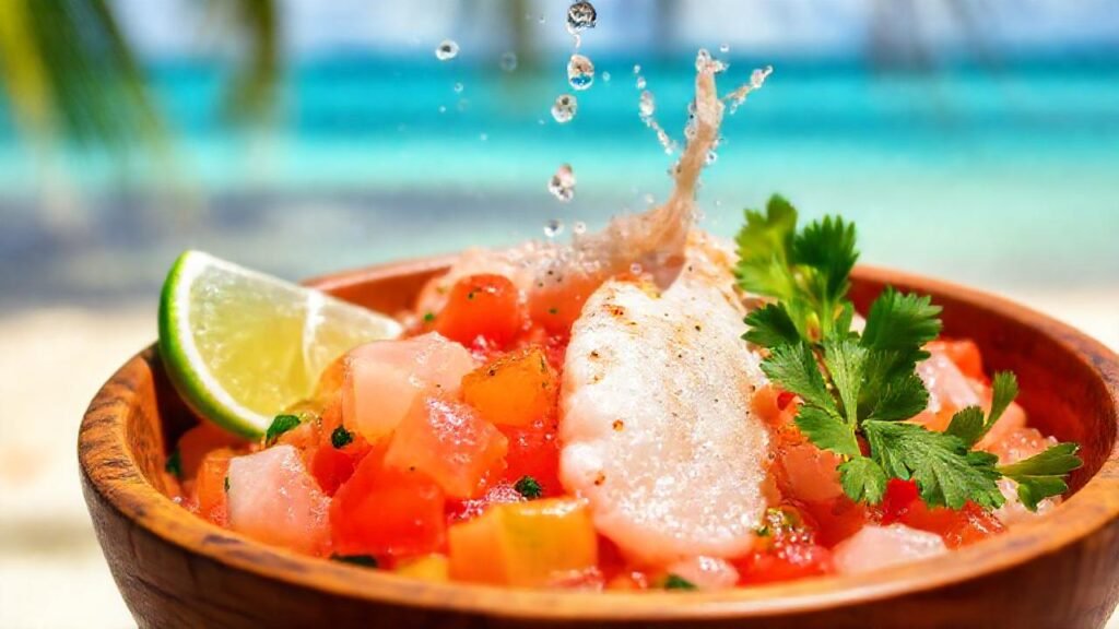 Ceviche vibrante y apetitoso en la playa