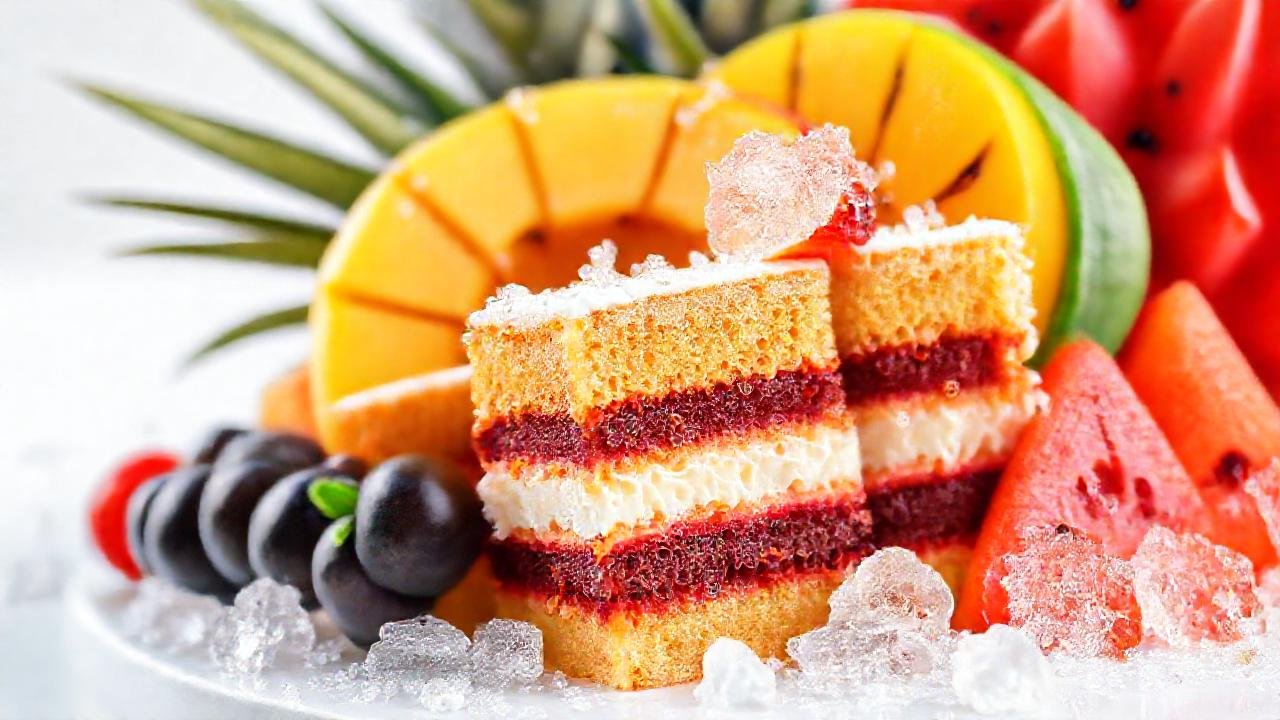 Fruta tropical y pastel apeteciblemente brillante