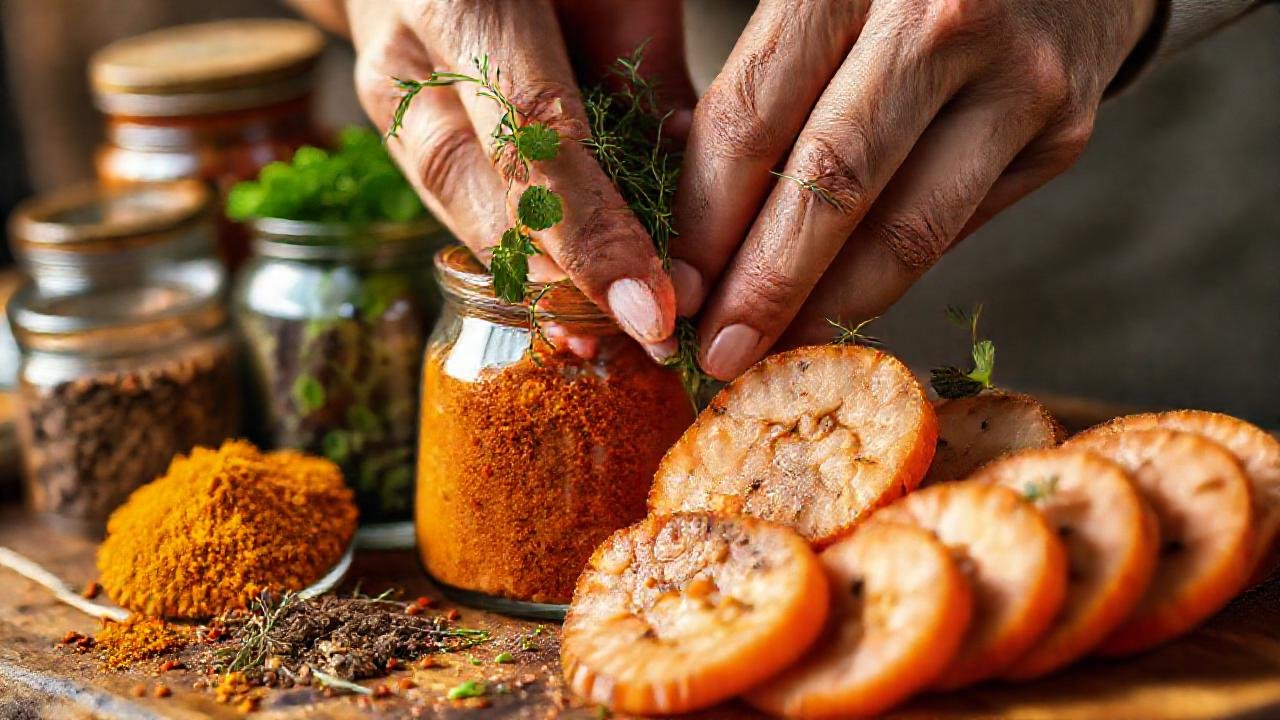 Especias, hierbas y tataki en luz cálida