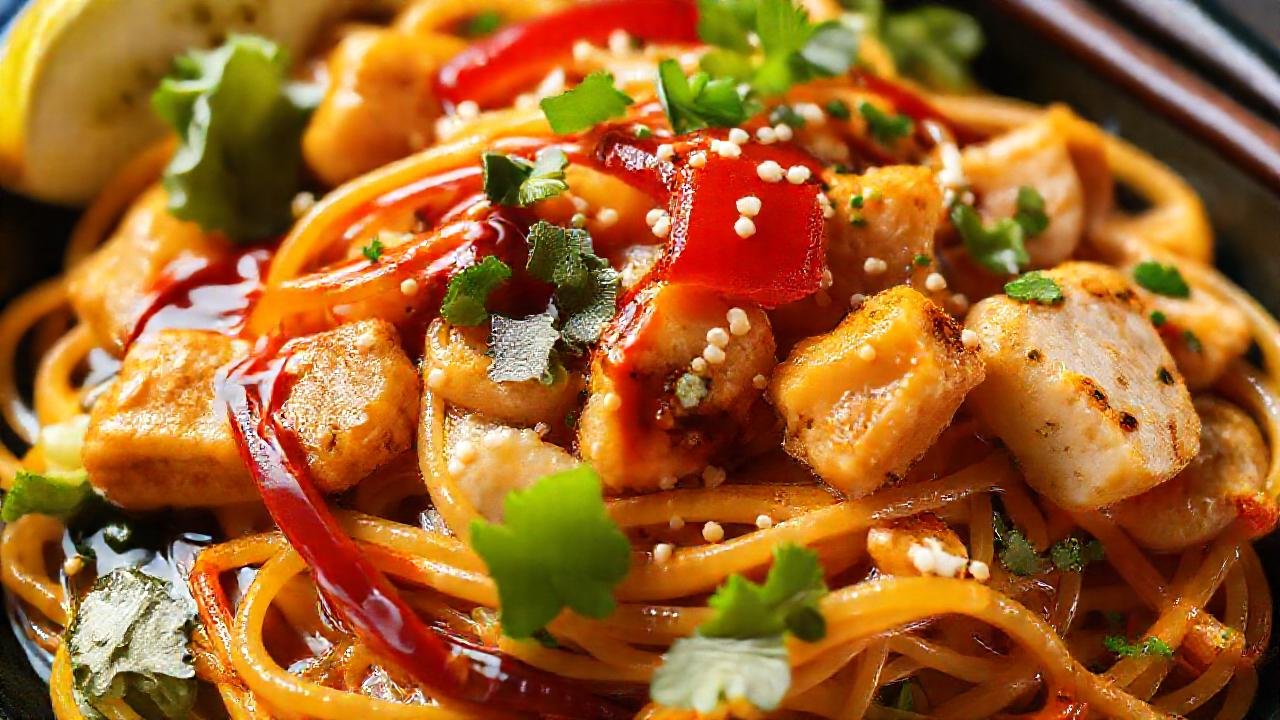 Fideos asiáticos vibrantes con ingredientes frescos