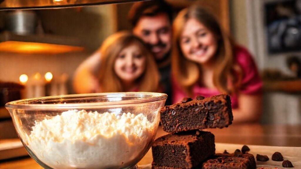 Familia feliz hornea un brownie delicioso