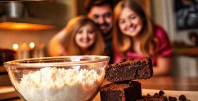 Familia feliz hornea un brownie delicioso