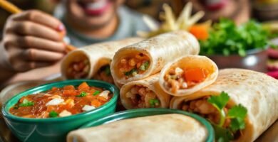 Rollitos coloridos con salsa