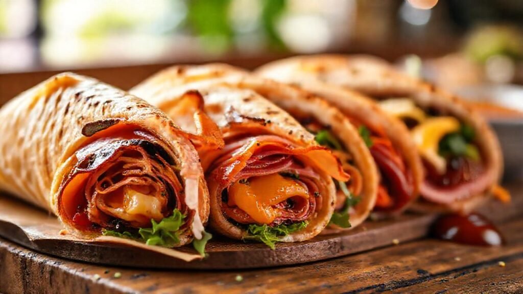 Sándwiches coloridos apetitosos en mesa rústica