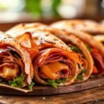 Sándwiches coloridos apetitosos en mesa rústica