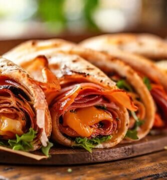 Sándwiches coloridos apetitosos en mesa rústica