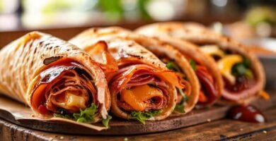 Sándwiches coloridos apetitosos en mesa rústica