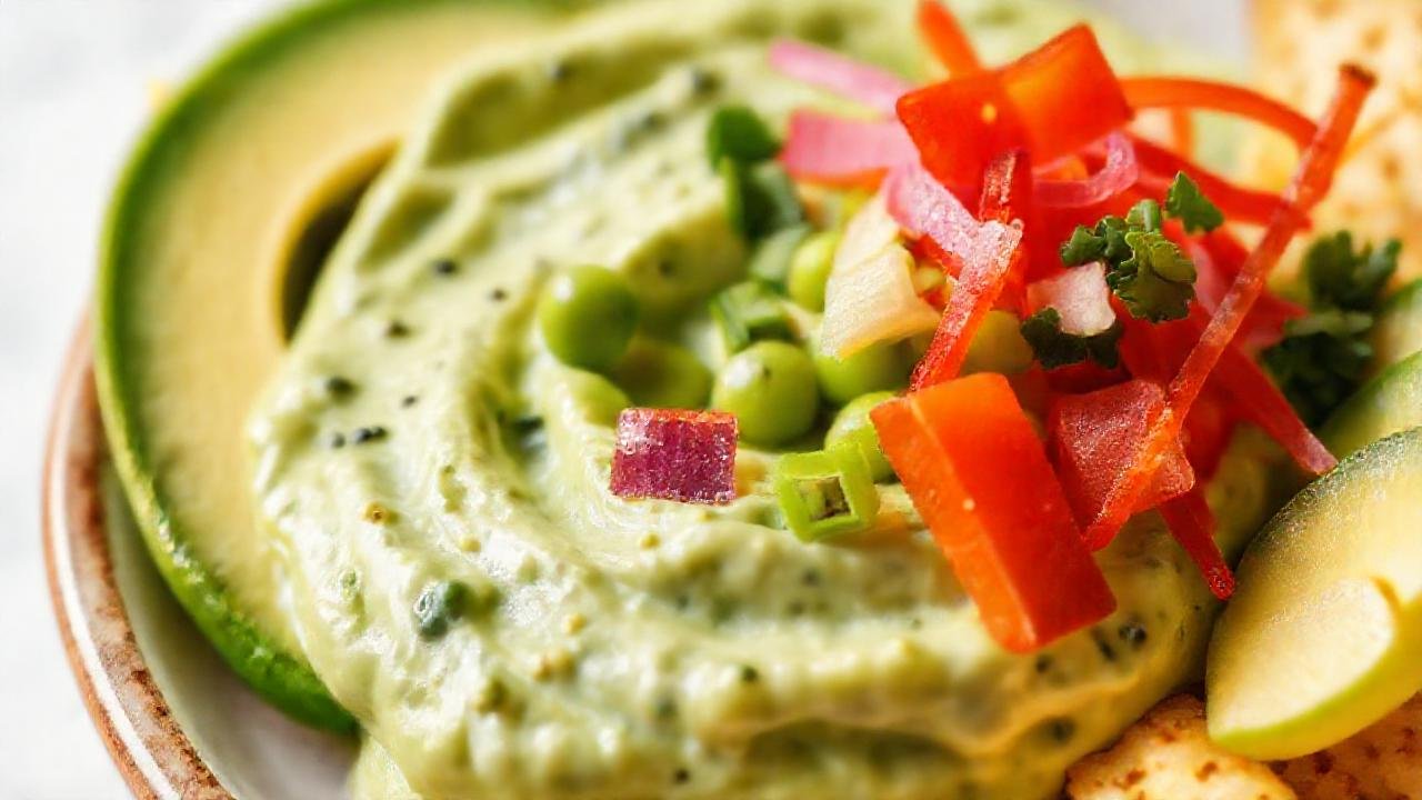 Dip de edamame vibrante, apetitoso y minimalista