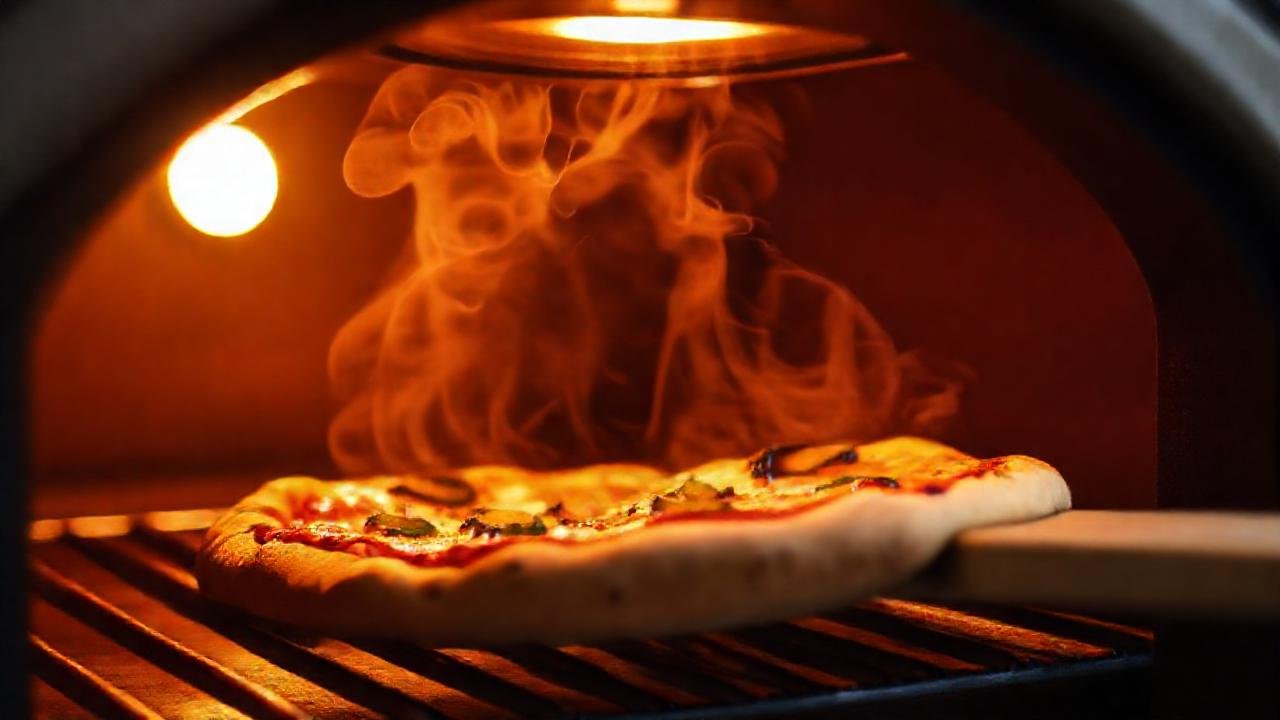 Pizza caliente y apetitosa emerge del horno