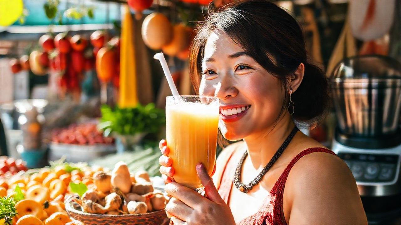 Una mujer asiática disfruta ingredientes frescos