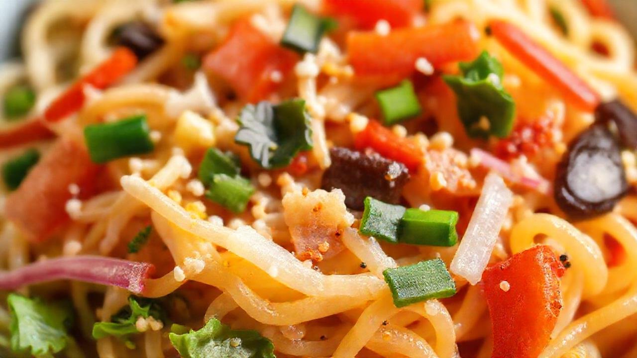 Ensalada de pasta asiática, apetitosa y vibrante